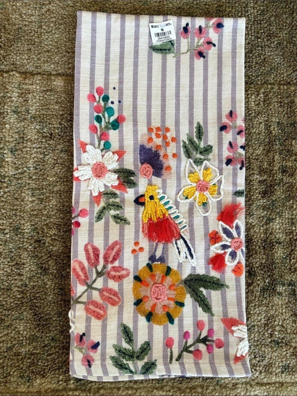 NWT World Market Embroidered Bird and Floral Stripe Kitchen Towel